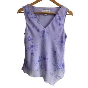 Vintage 90s Y2K Romantic Floral Chiffon Top Sz M Purple Sleeveless Shirt Blouse
